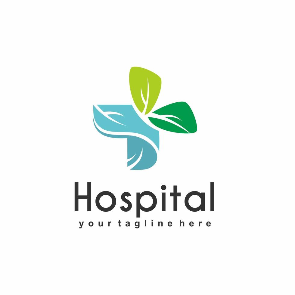 Gezondheid logo ontwerp voor ziekenhuis, kliniek, apotheek, of Gezondheid producten en bedrijf bedrijf, met decoratief kruis vorm en blad vorm Aan bovenkant, licht blauw en zacht vector