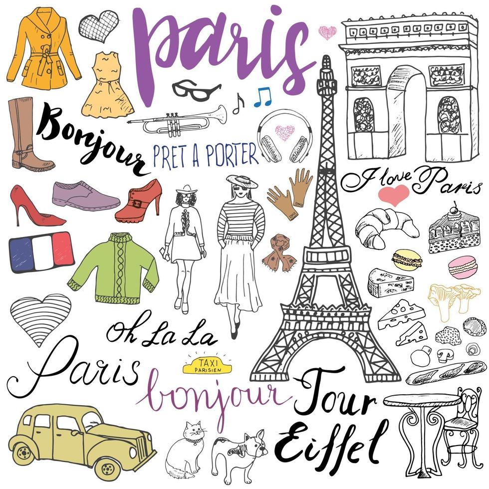 Parijs doodles elementen. hand getrokken set met eiffeltoren gefokt café, taxi triumf boog, mode-elementen, kat en franse bulldog. tekening doodle collectie en belettering, geïsoleerd op wit vector