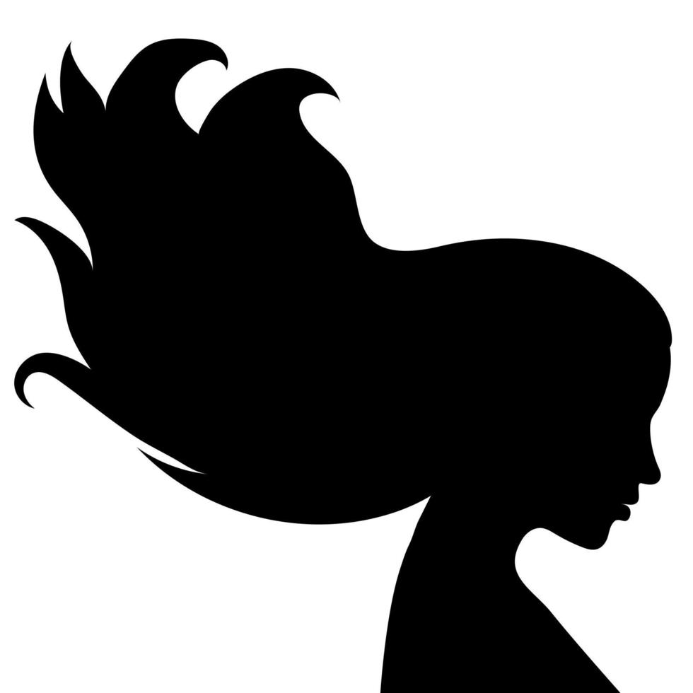 de silhouet van een mooi vrouw met lang haar- vloeiende in de wind in profiel. sjabloon voor ansichtkaarten, hartelijk groeten, flyers, banners voor een schoonheid salon, kapper of vrouwen dag Aan maart 8 vector