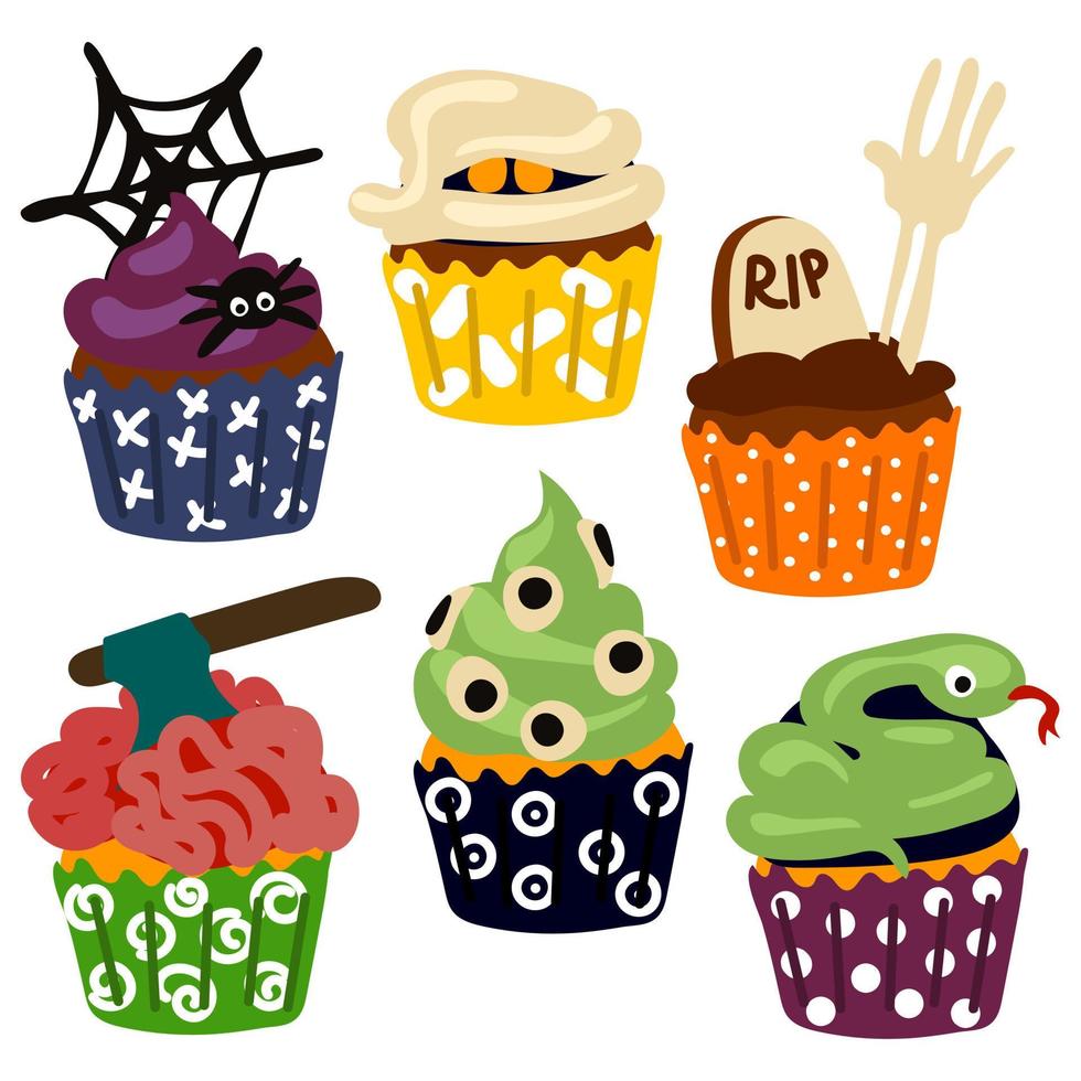 een reeks van realistisch cupcakes voor halloween. griezelig versierd cupcakes, themed weinig cakes voor oktober 31 en een eng toetje reeks van tekenfilm vector illustraties. bakken voor halloween. dag van de dood