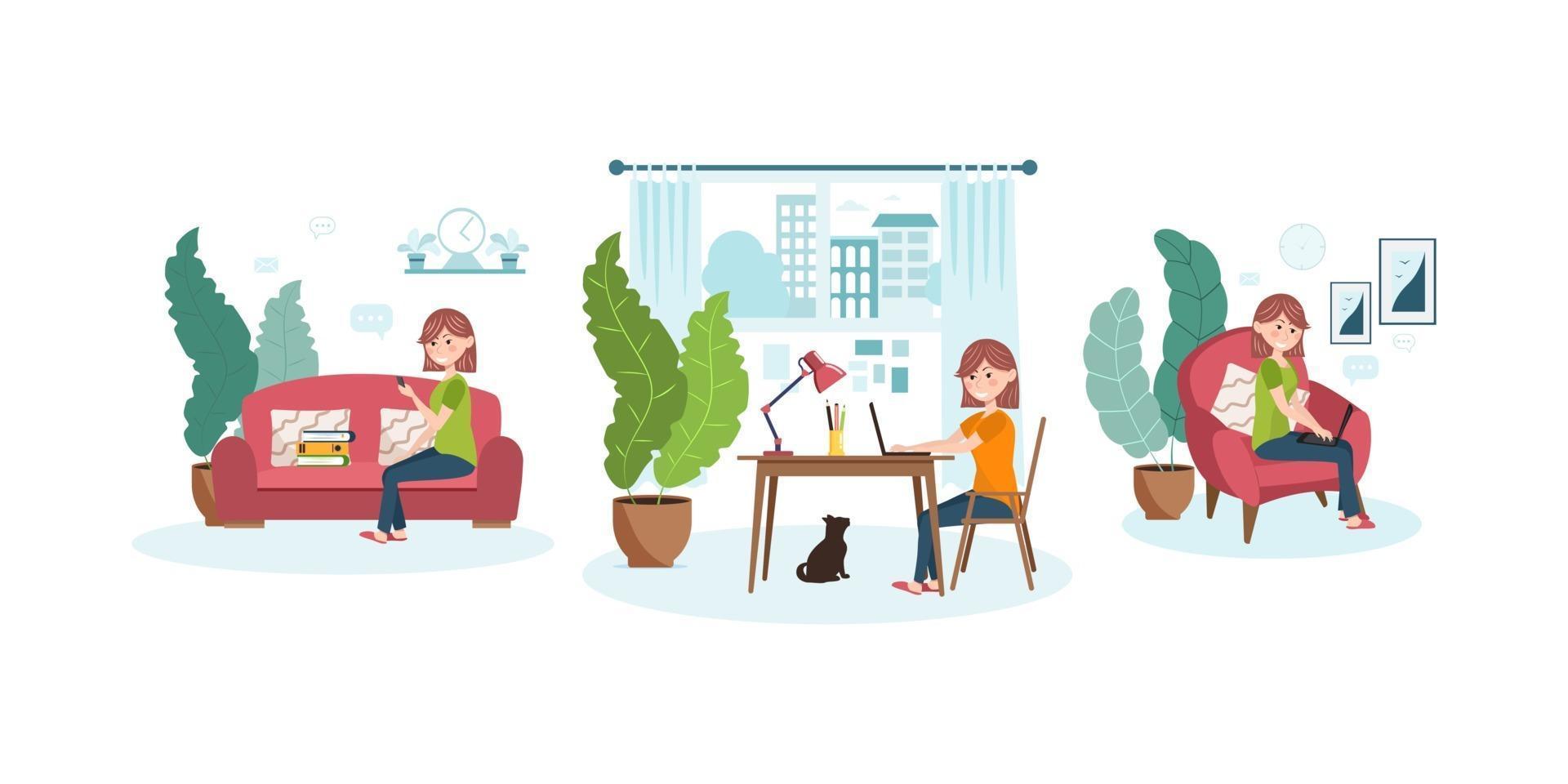 werk vanuit huis. set ontwerpconcepten. freelancer vrouw zittend in de woonkamer op de Bank met een mobiele telefoon, laptop, werkmappen. vector illustratie