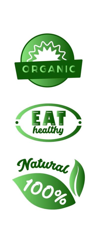 biologische voedseletiketten, vegetarische producten, eco-ontwerpelementen. vector illustratie. verzameling labels.