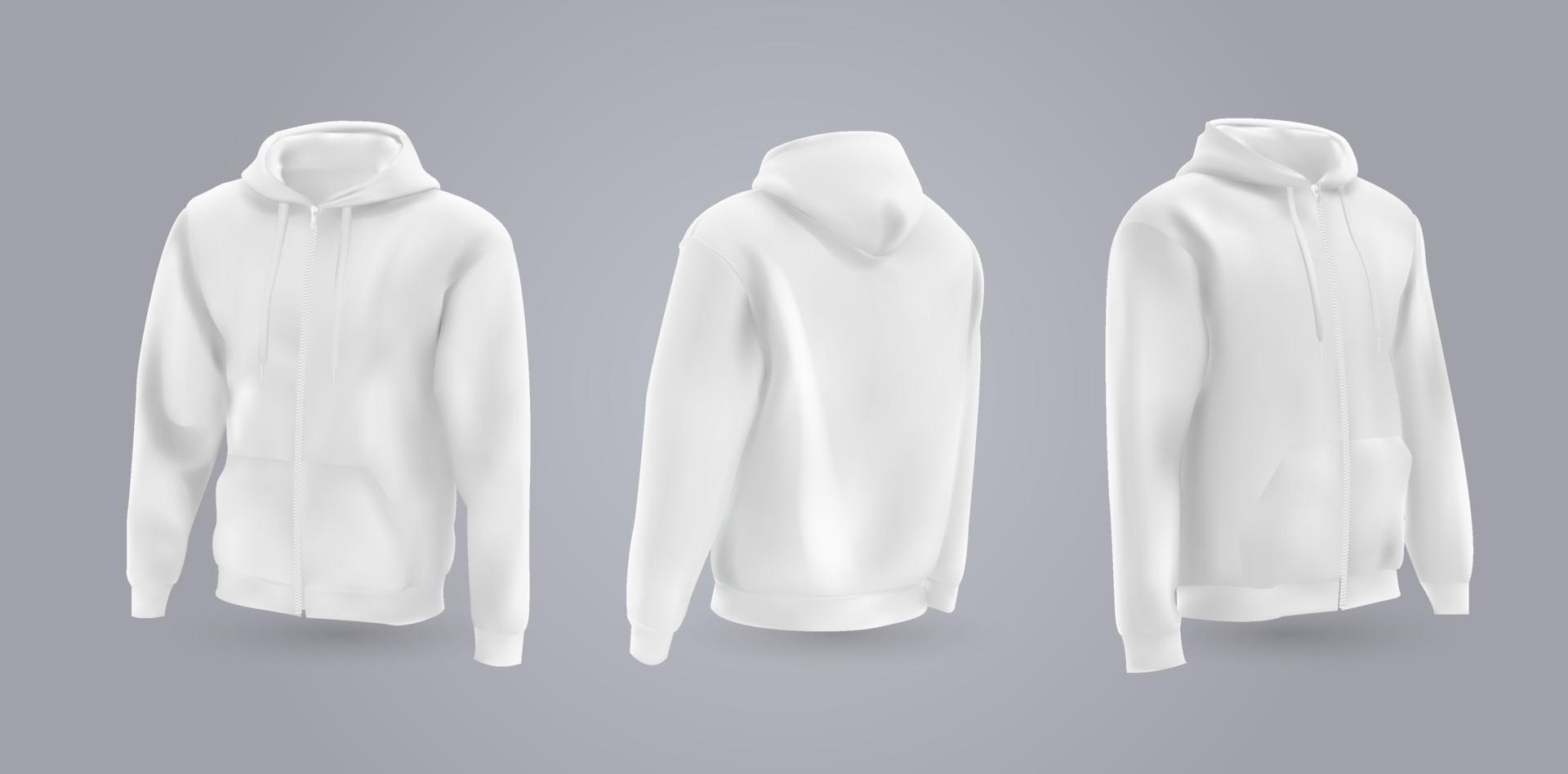 wit sweatshirt met capuchon voor heren vooraan, achteraan en zijaanzicht, geïsoleerd op een grijze achtergrond. 3D-realistische vectorillustratie, patroon formeel of casual sweatshirt. vector