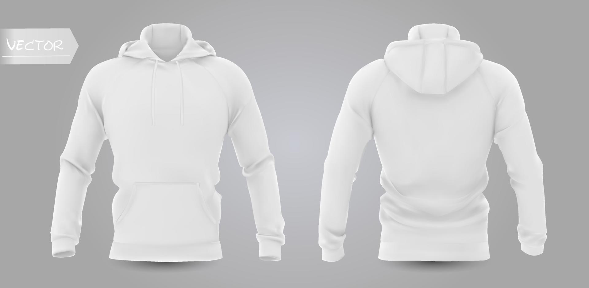 wit sweatshirt met capuchon voor heren vooraan, achteraan en zijaanzicht, geïsoleerd op een grijze achtergrond. 3D-realistische vectorillustratie, patroon formeel of casual sweatshirt. vector