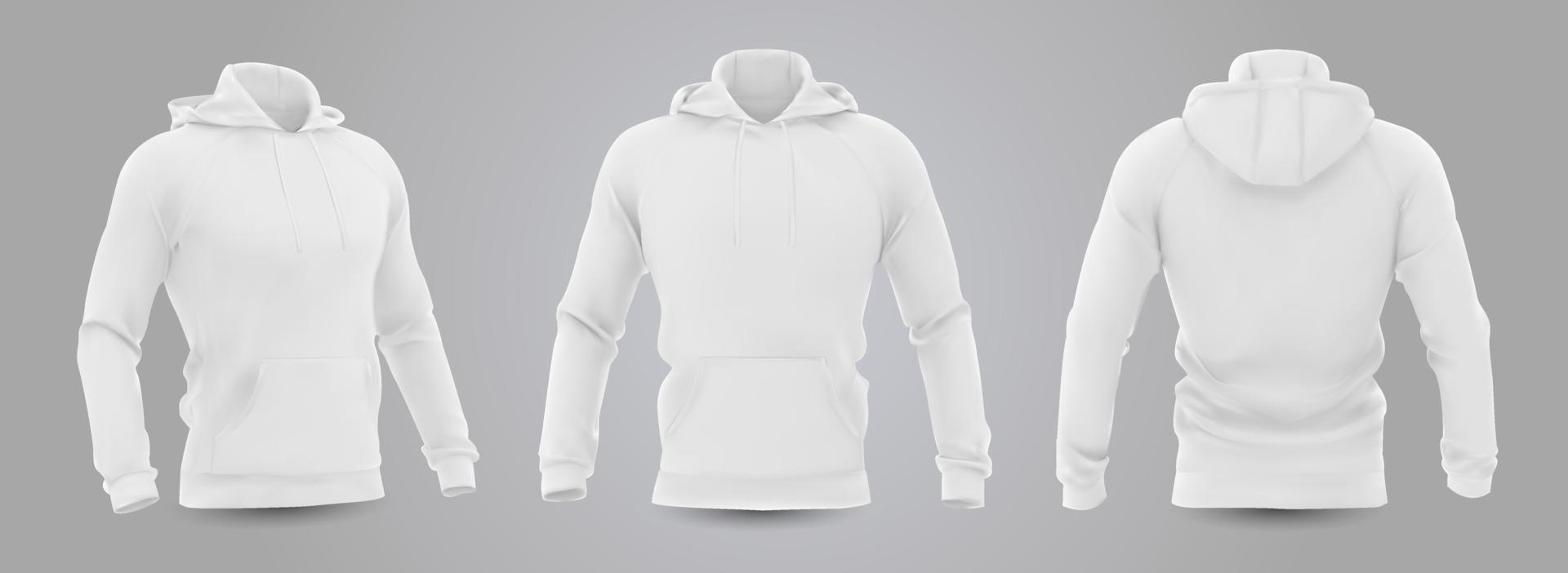 wit sweatshirt met capuchon voor heren vooraan, achteraan en zijaanzicht, geïsoleerd op een grijze achtergrond. 3D-realistische vectorillustratie, patroon formeel of casual sweatshirt. vector