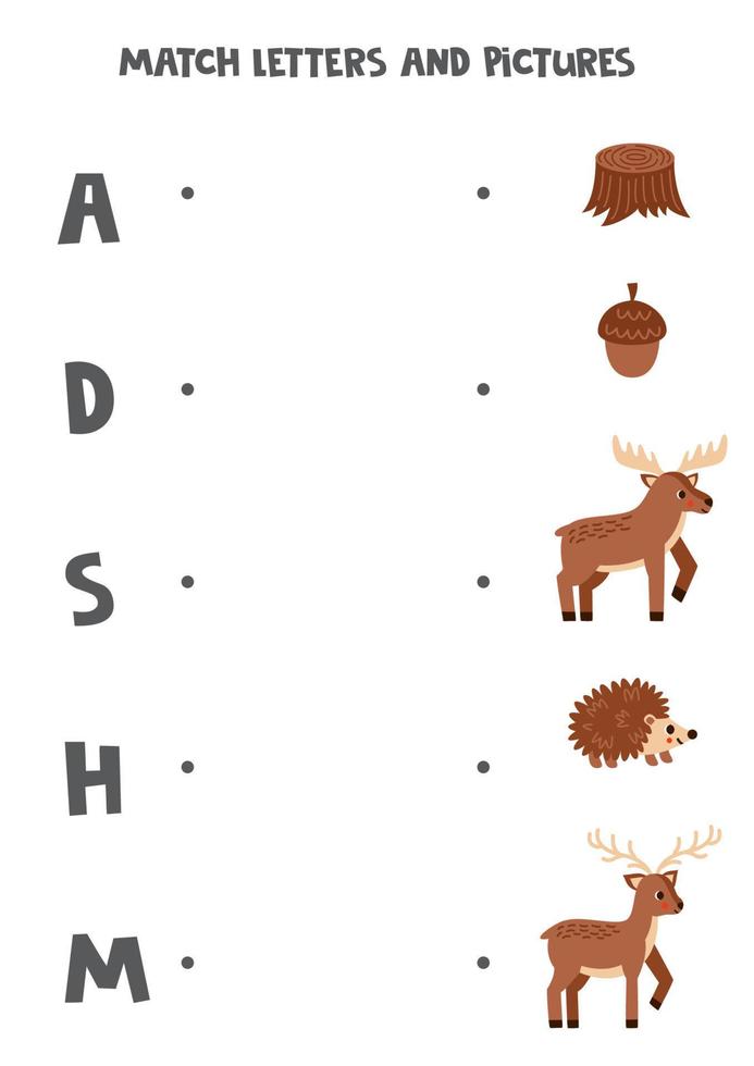 bij elkaar passen brieven en woorden. logisch puzzel voor kinderen. bos- dieren. vector