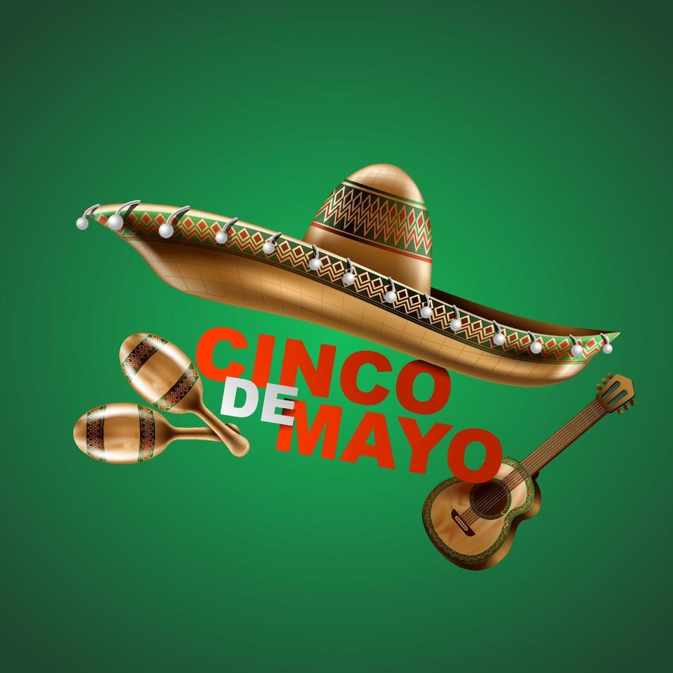 cinco de mayo mexicaanse vakantie. sombrerohoed, maracas en taco's en feestelijk eten. vector illustratie.
