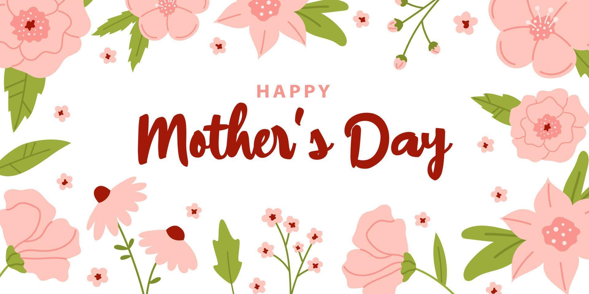 vector moeders dag bloemen web banier met belettering. gelukkig moeders dag tekst. moeders dag horizontaal poster met roze bloemen in vlak ontwerp.