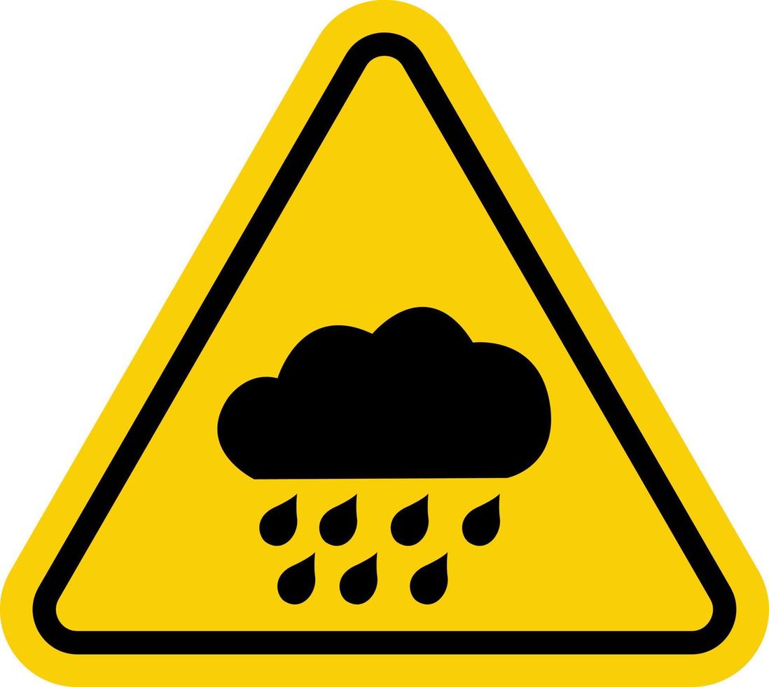 regen teken. regen waarschuwingen. geel driehoek teken met regen wolk icoon binnen. risico van zwaar regen en ongeluk. voorzichtigheid, nat en glad weg. Gevaar van overstromingen. vector