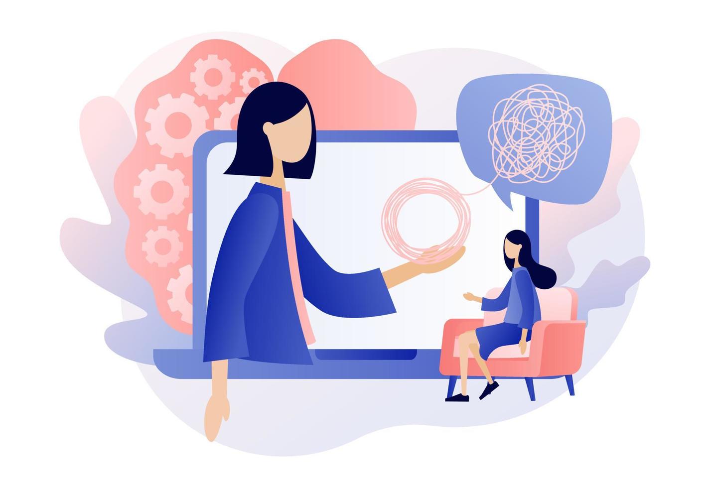 psycholoog online. psychotherapie oefening, psychologisch helpen, psychiater overleg plegen geduldig. psychologie. modern vlak tekenfilm stijl. vector illustratie Aan wit achtergrond