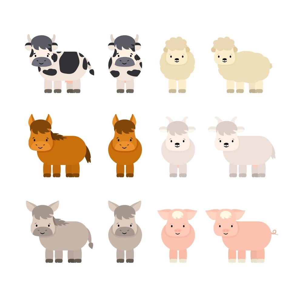 set van schattige tekenfilm boerderijdieren. koe met uier, lam, paard, geit, ezel, varken. vector geïsoleerde illustratie op witte achtergrond, vlakke stijl, profiel en volledige gezichtsweergaven