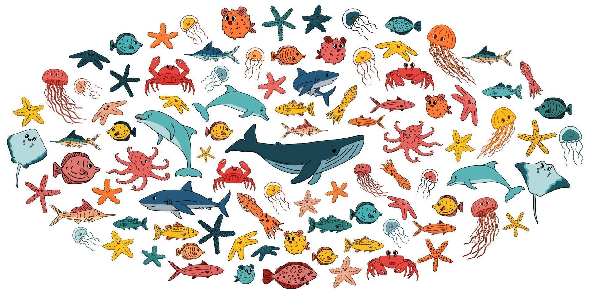grote reeks van vector cartoon overzicht geïsoleerde zee oceaan dieren. doodle handgetekende walvis, dolfijn, haai, pijlstaartrog, kwal, vis, sterren, krab, octopus voor kinderboek, ovale vorm, witte achtergrond