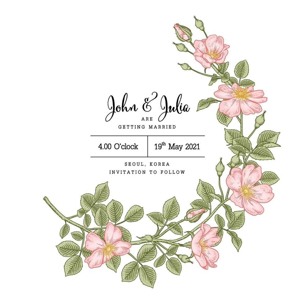 uitnodigingskaartsjabloon roze hondsroos of rosa canina bloem hand getekend botanische illustratie vector