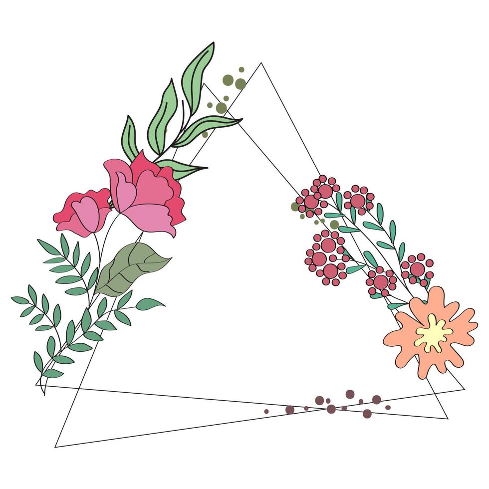 kleurrijk bloemen driehoekig vorm kader voor foto of tekst. bloem boeket illustratie voor inhoud en grafiek, bruiloft, groet kaart. vector