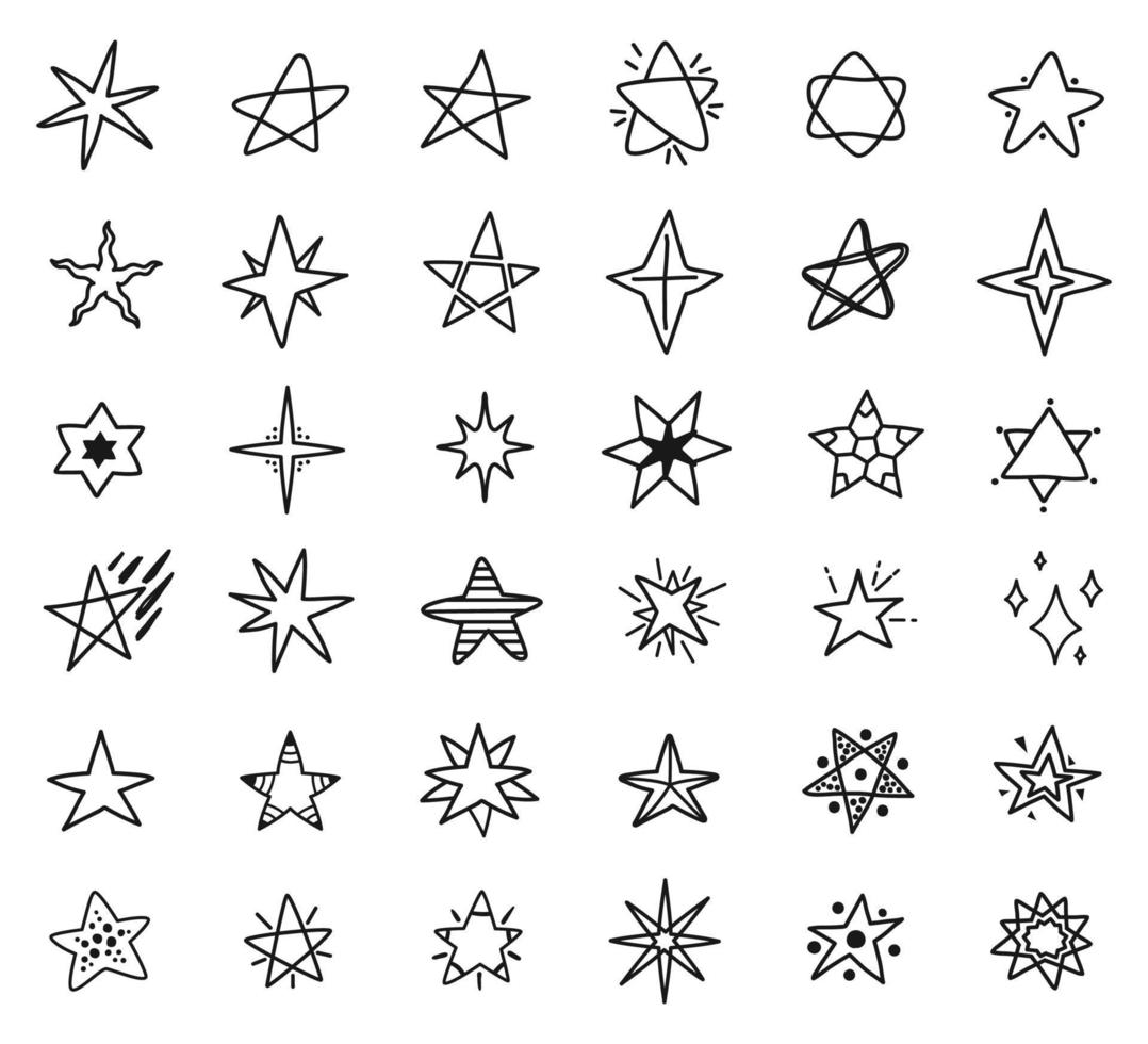 sterren tekening tekeningen, hand- getrokken ster schetsen. gemakkelijk schattig sterren, sparkles of starbursts elementen voor kinderen textiel of patronen vector reeks