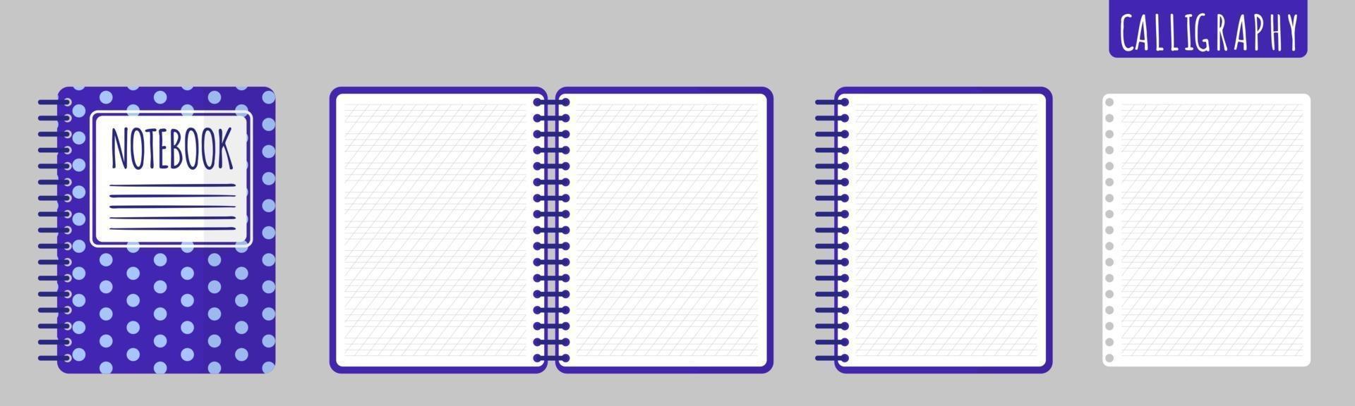 cartoon vectorillustratie met kalligrafie notebook, notitieblok openen en blanco vellen op witte achtergrond. vector