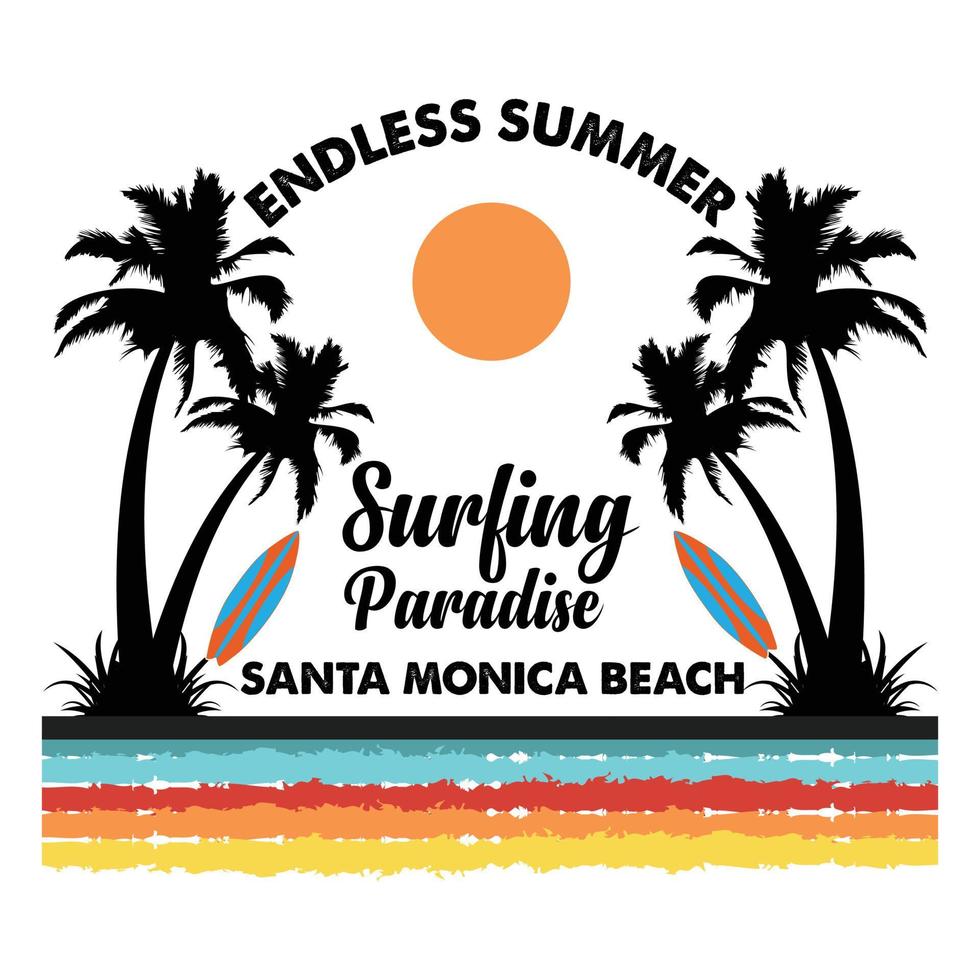 eindeloos zomer surfing paradijs de kerstman monica strand t-shirt ontwerp vector
