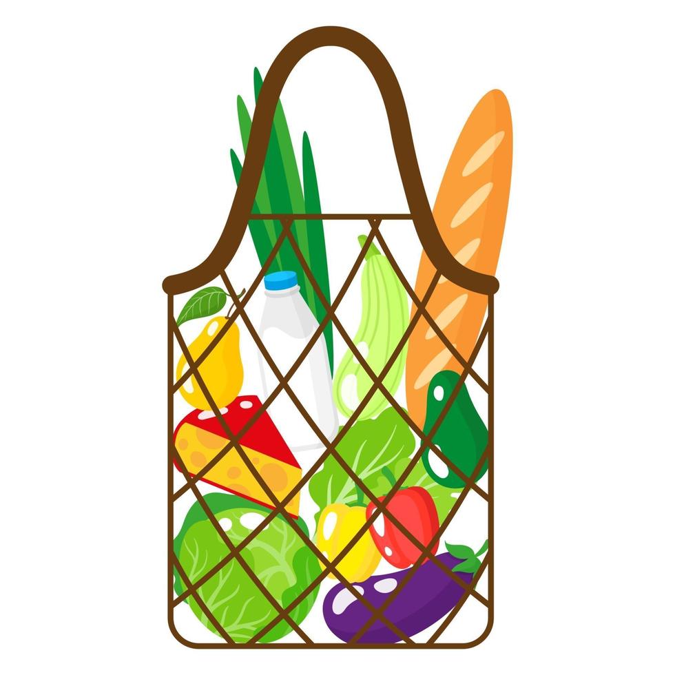 vector cartoon illustratie van bruin kruidenierswinkel koord of schildpad netzak met biologisch voedsel geïsoleerd op een witte achtergrond