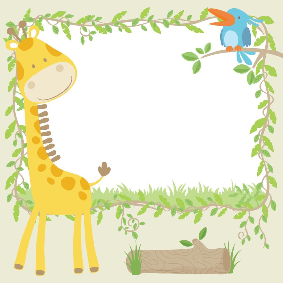 vector tekenfilm illustratie, kader grens sjabloon van wijnstokken met giraffe en vogel