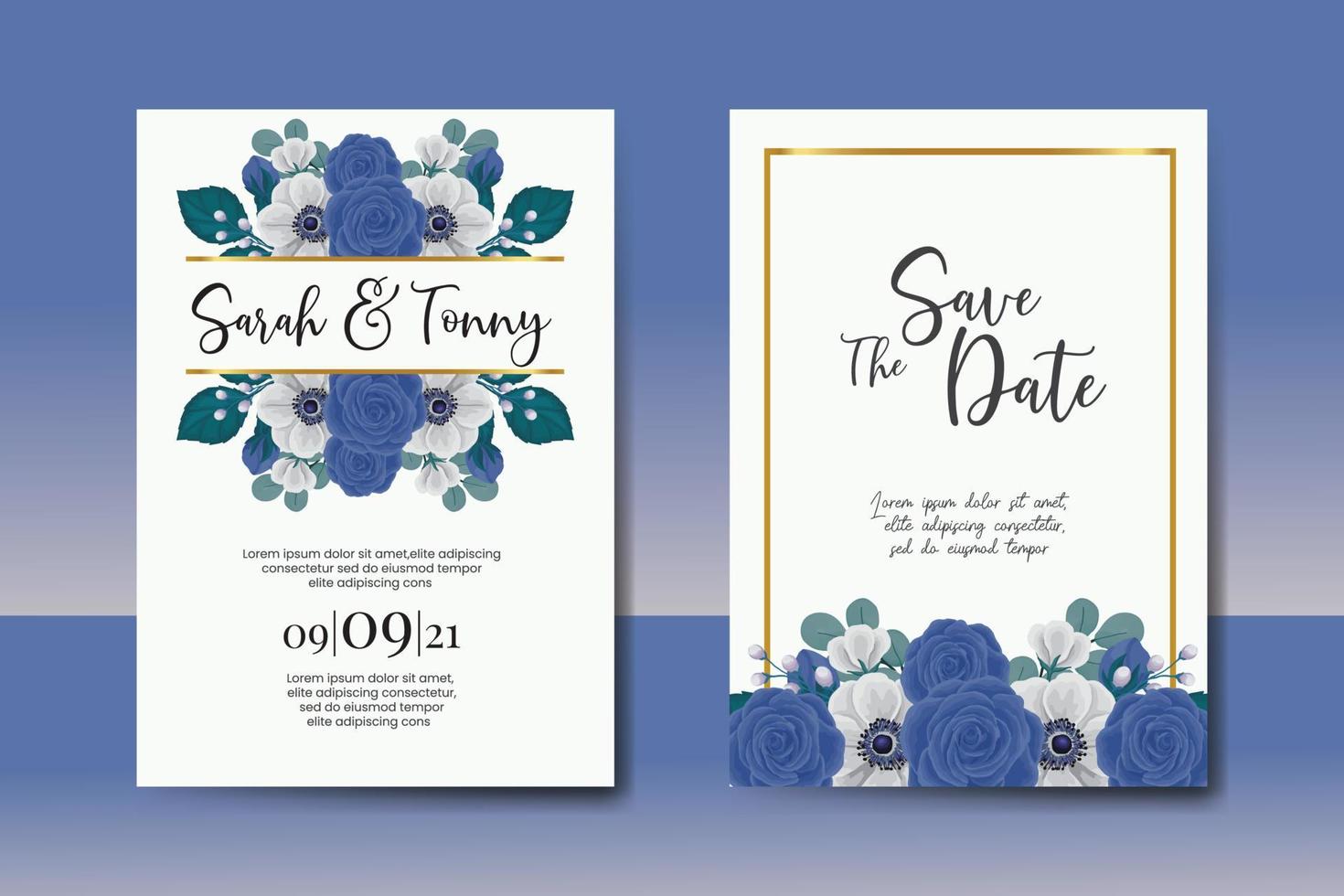 bruiloft uitnodiging kader set, bloemen waterverf digitaal hand- getrokken blauw roos bloem ontwerp uitnodiging kaart sjabloon vector