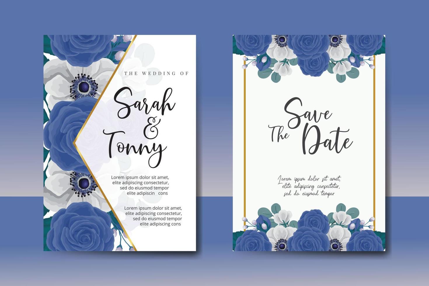 bruiloft uitnodiging kader set, bloemen waterverf digitaal hand- getrokken blauw roos bloem ontwerp uitnodiging kaart sjabloon vector