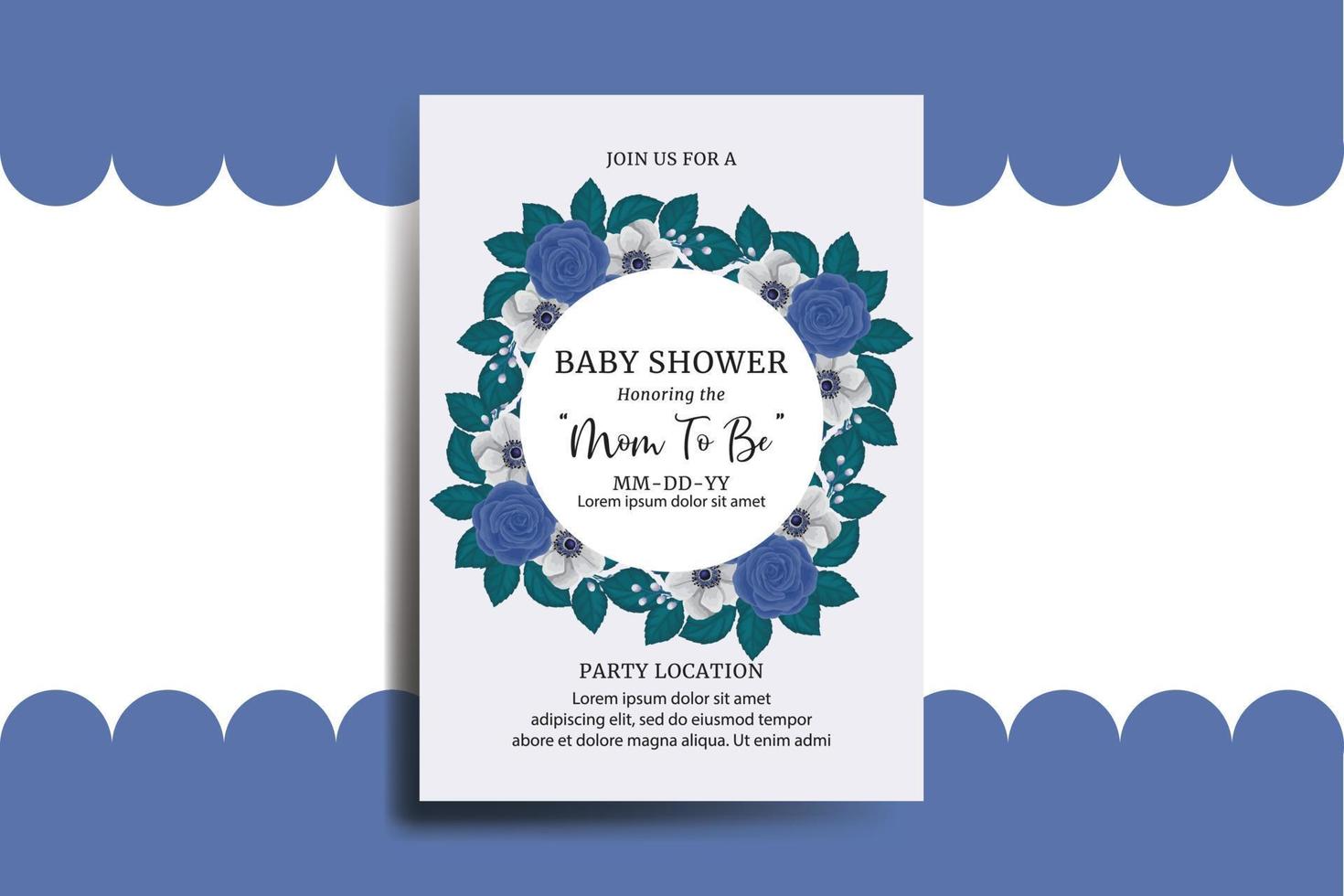 baby douche groet kaart blauw roos bloem ontwerp sjabloon vector