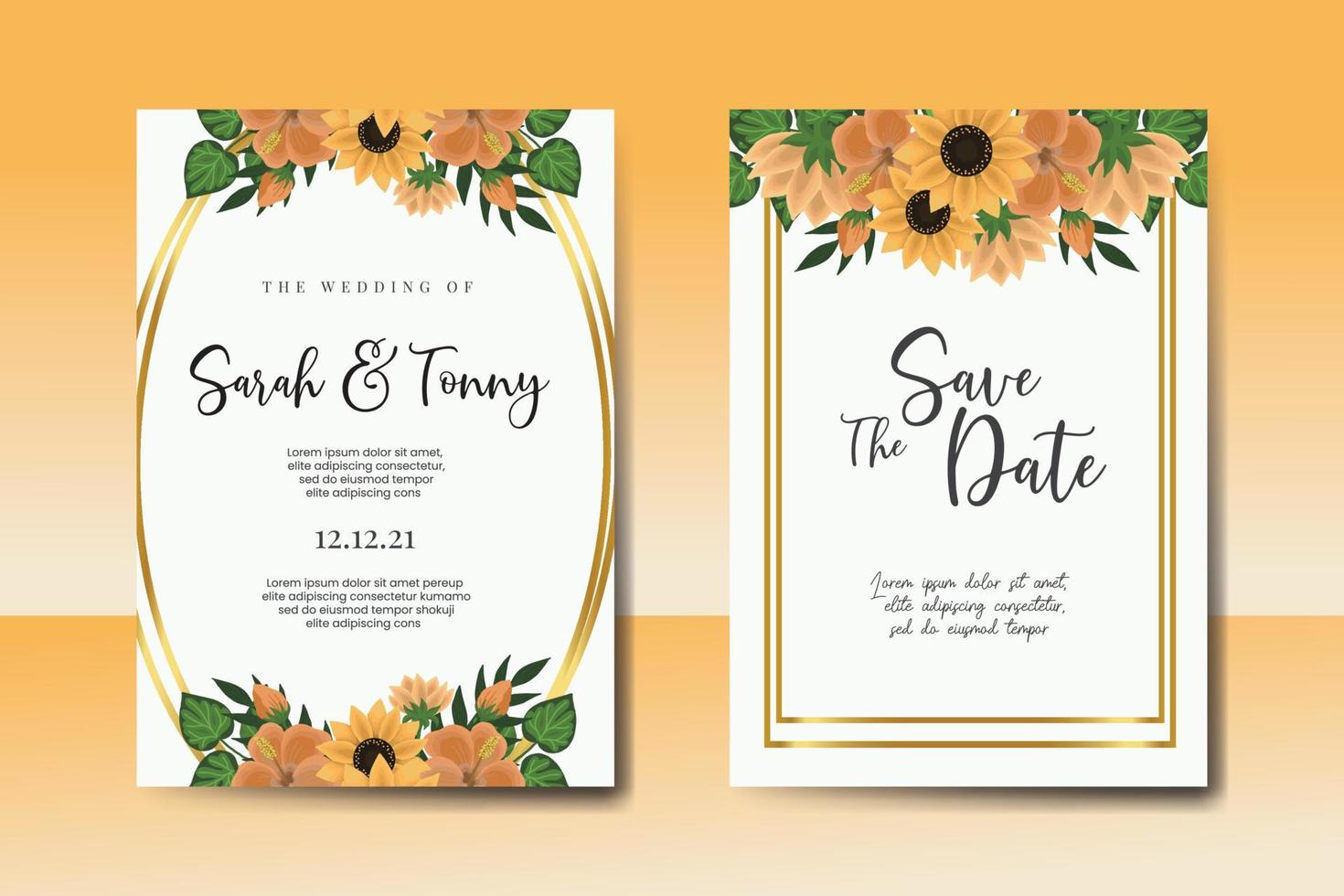bruiloft uitnodiging kader set, bloemen waterverf digitaal hand- getrokken zonnebloem ontwerp uitnodiging kaart sjabloon vector