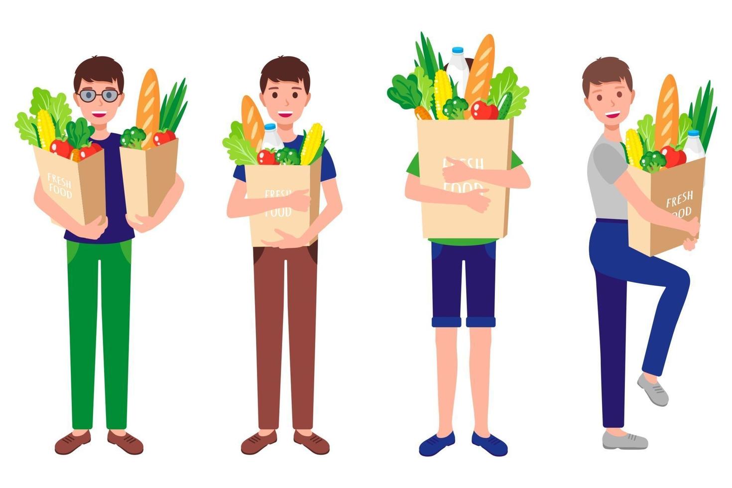 vector cartoon set van gelukkige jongens eco papieren zakken met verse gezonde natuurvoeding geïsoleerd op een witte achtergrond te houden
