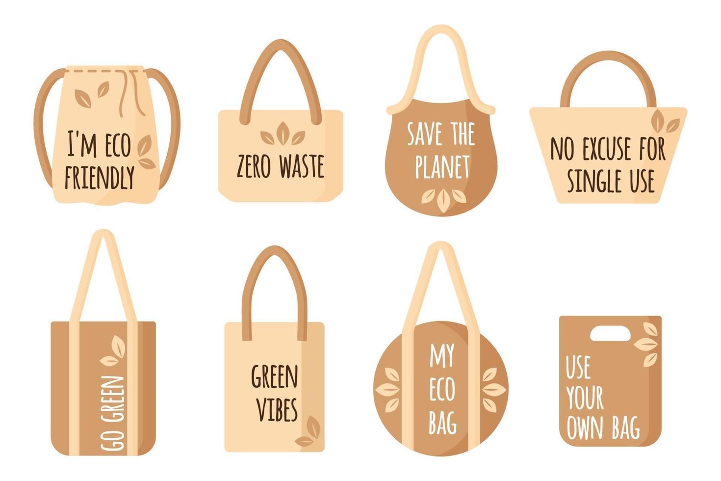 vector cartoon set van lege textiel herbruikbare boodschappentassen met eco citaten voor gezonde voeding geïsoleerd op een witte achtergrond