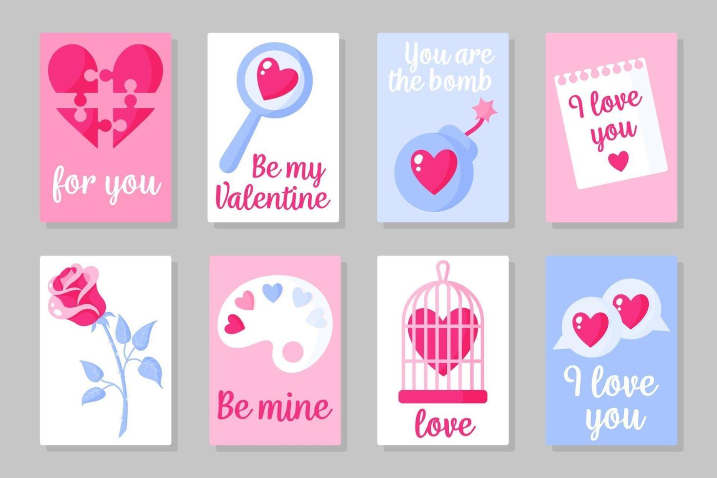 set roze, wit en blauw gekleurde kaarten voor Valentijnsdag of bruiloft. vector plat ontwerp geïsoleerd op een grijze achtergrond