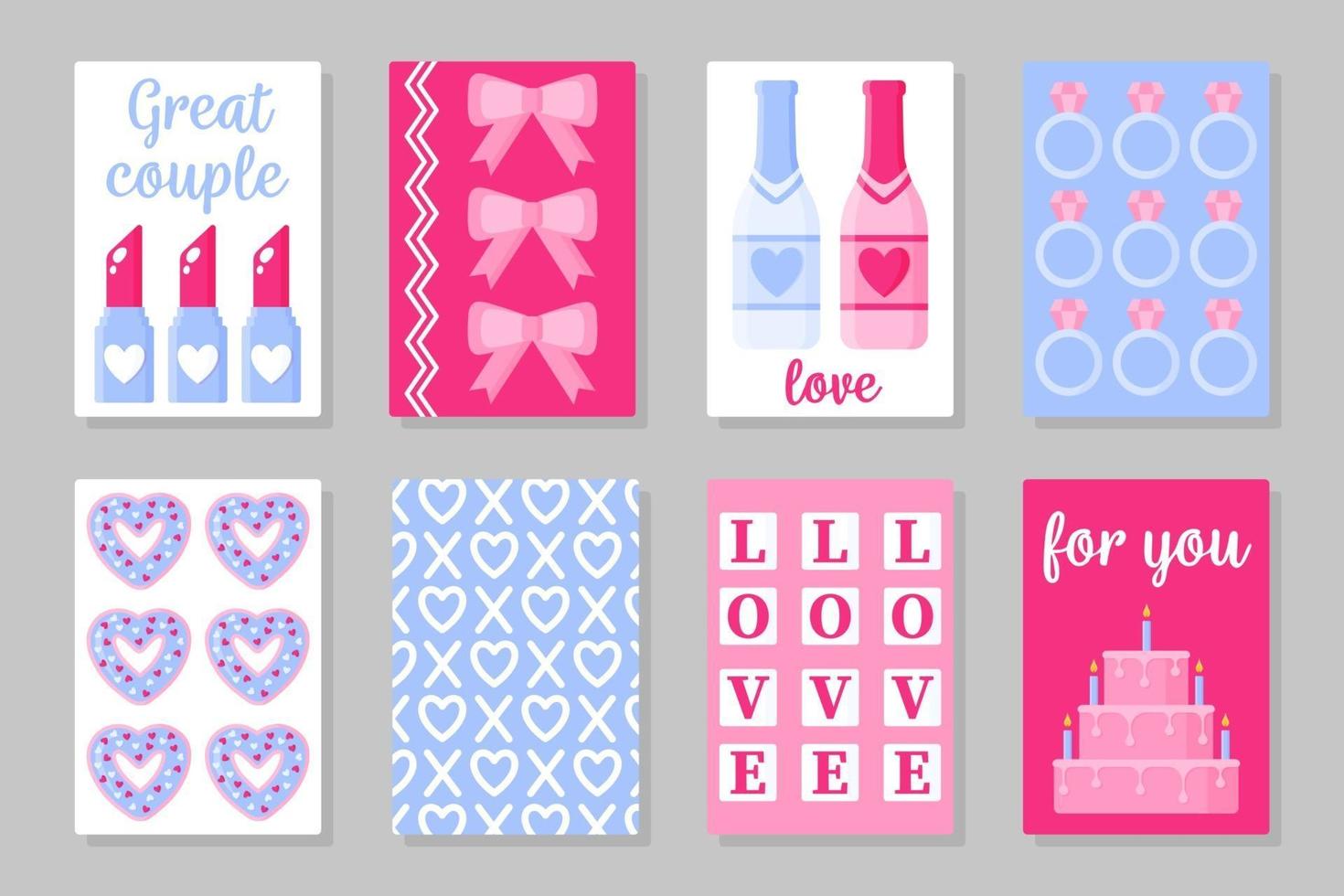 set roze, wit en blauw gekleurde kaarten voor Valentijnsdag of bruiloft. vector plat ontwerp geïsoleerd op een grijze achtergrond