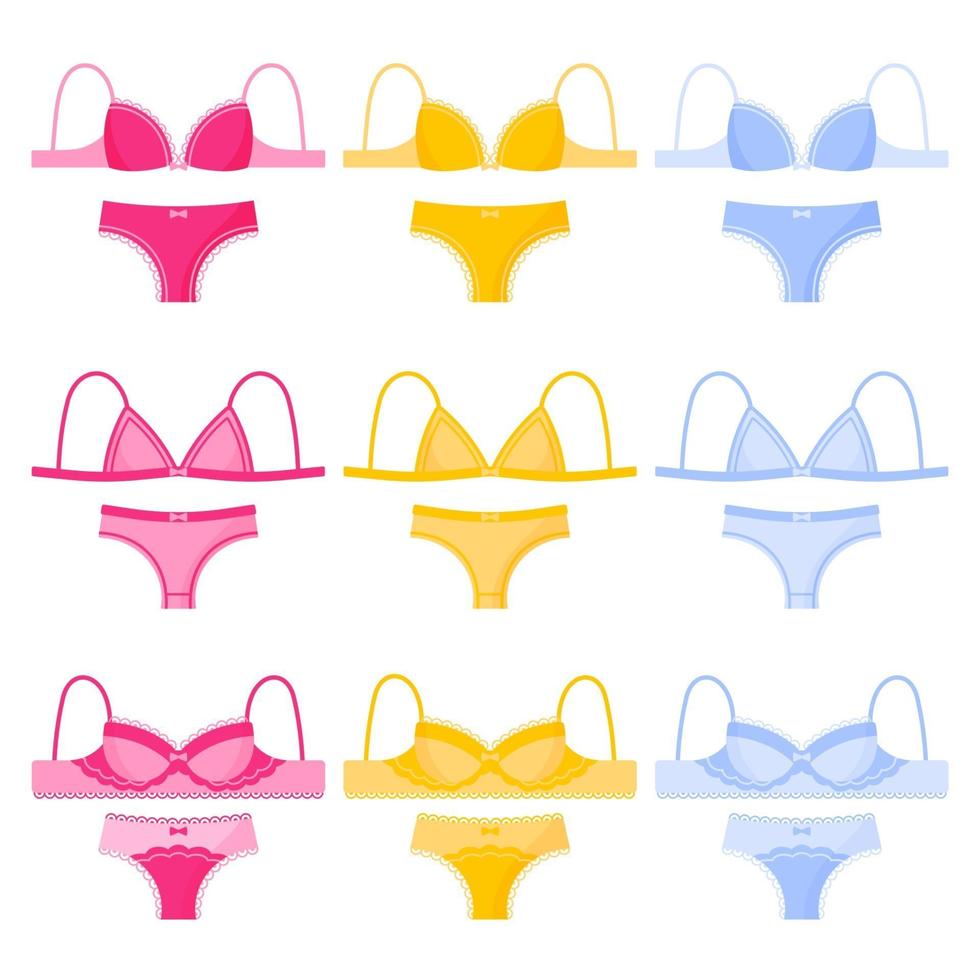 set van verschillende soorten en kleuren lingerie slipjes en bh's voor dames. vector