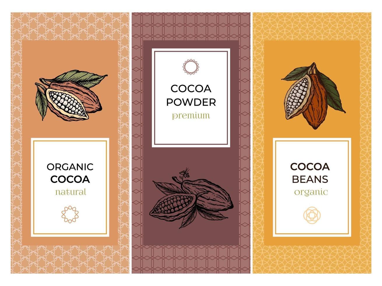 cacao verpakking ontwerpsjablonen instellen met patroon. gegraveerde stijl schets hand getrokken illustratie. cacaopoeder, bonen, noten, zaden, bloemen en bladeren vector. vector