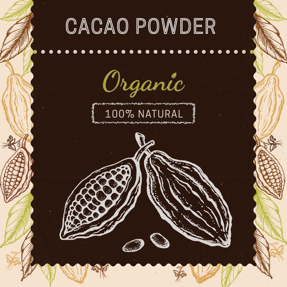 cacao verpakking ontwerpsjabloon. gegraveerde stijl schets hand getrokken illustratie. cacaopoeder, bonen, noten, zaden, bloemen en bladeren vector. vector