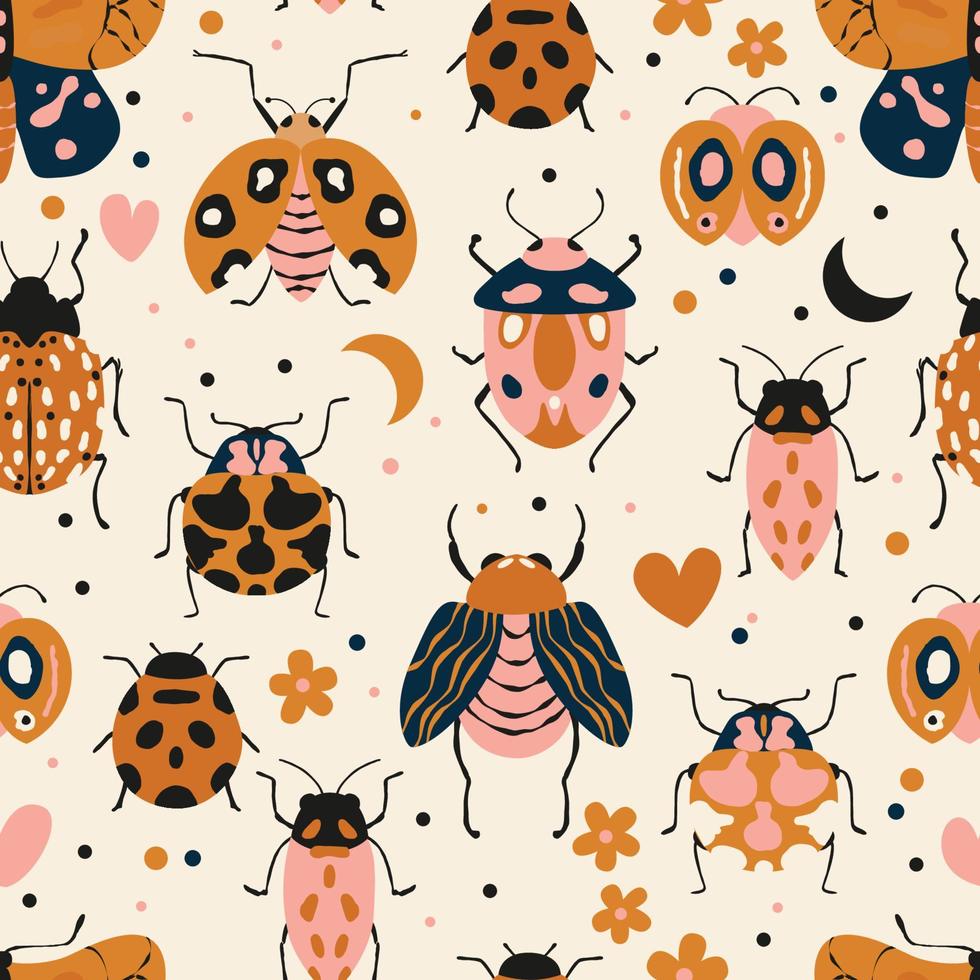 naadloos patroon met schattig insecten, kevers, mot en insecten, met bloemen elementen, harten en stippen. kleurrijk hand- getrokken vector illustratie