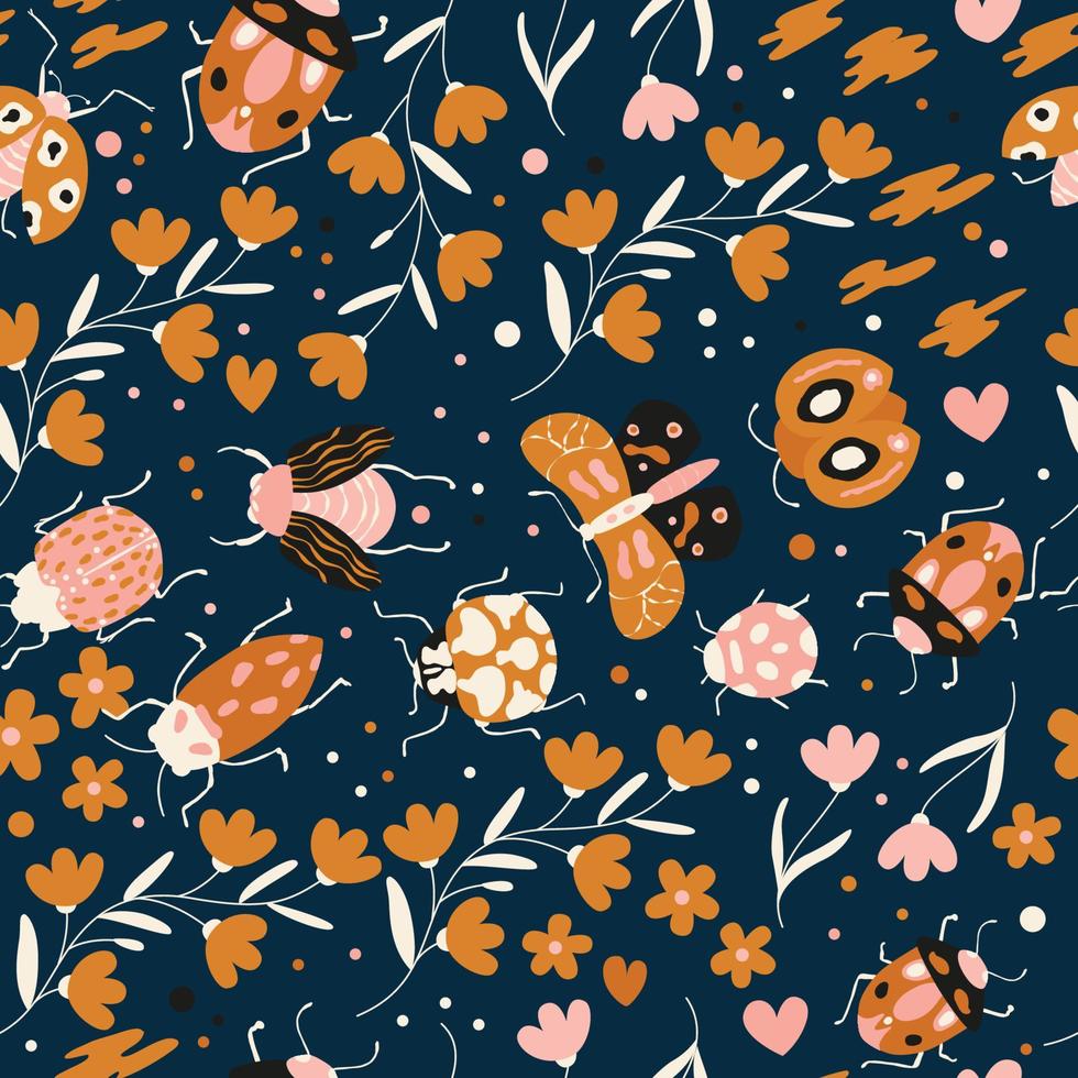 naadloos patroon met schattig insecten, kevers, mot en insecten, met bloemen elementen, harten en stippen. kleurrijk hand- getrokken vector illustratie
