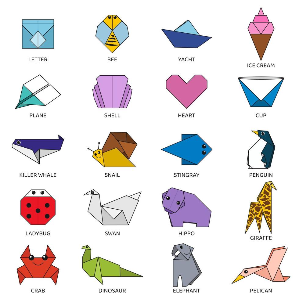 origami vector verzameling van verschillend kleurrijk dieren, vogels, insecten, voorwerpen. geïsoleerd voorwerpen Aan wit achtergrond. creatief symbolen voor decoratie, onderwijs taken, logo.