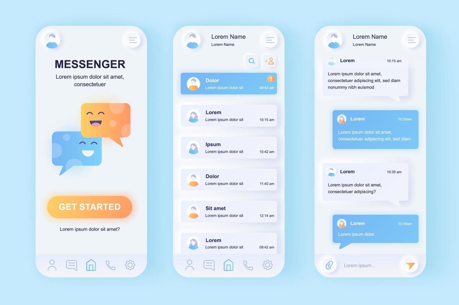 online messenger unieke neomorfe mobiele app-ontwerpkit vector