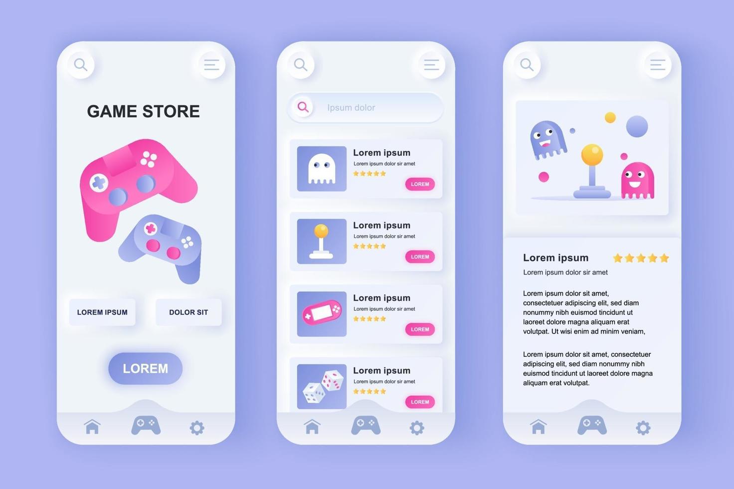 game store unieke neomorfische ontwerpset voor mobiele apps vector