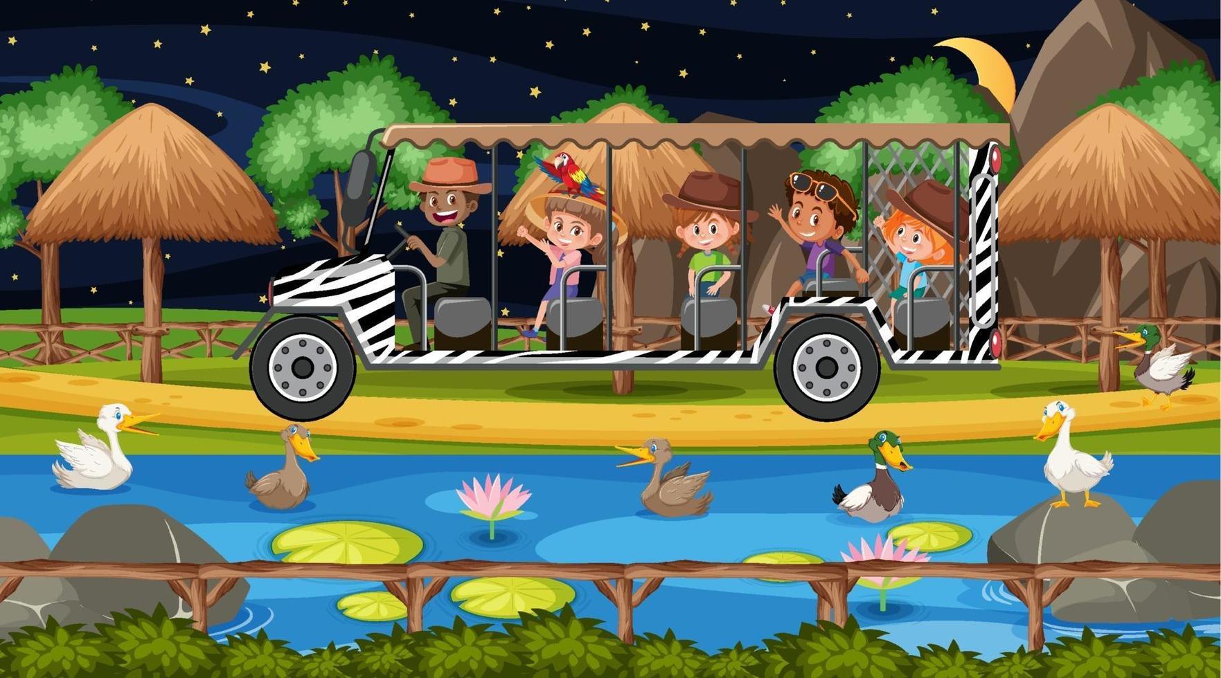 eendengroep in safariscène met kinderen in de toeristenauto vector
