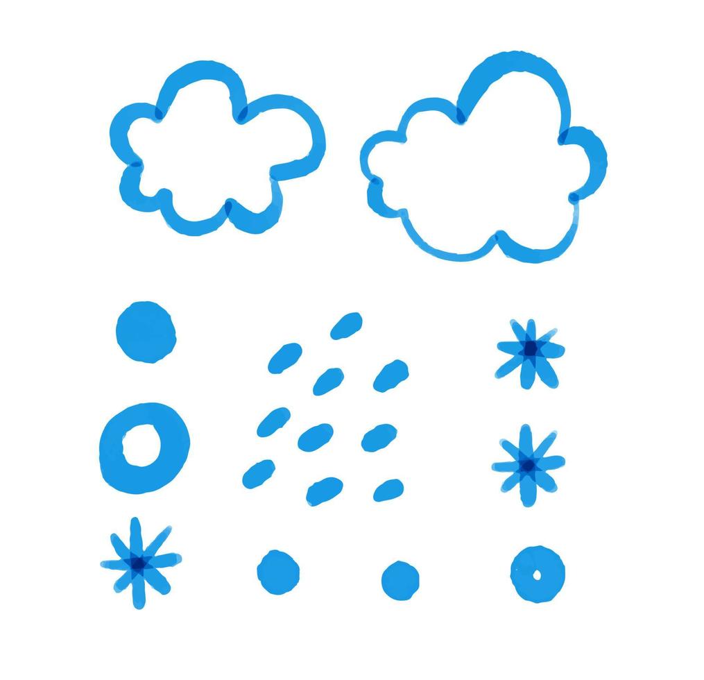 hand- geschilderd blauw lucht elementen, wolken, stippen, sneeuw. het weer, schattig kinderachtig illustratie, kinderkamer, ontwerp, decor. vector