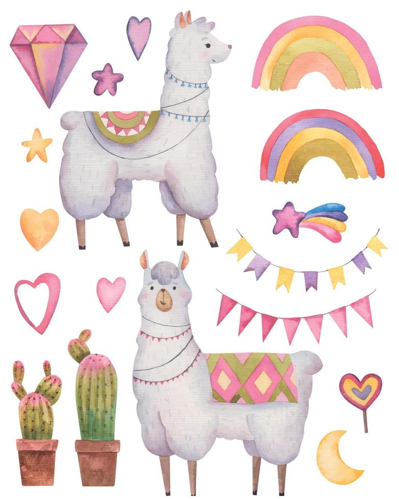 schattig kinderachtig reeks met grappig alpaca, baby waterverf kunst, geïsoleerd clip art vector