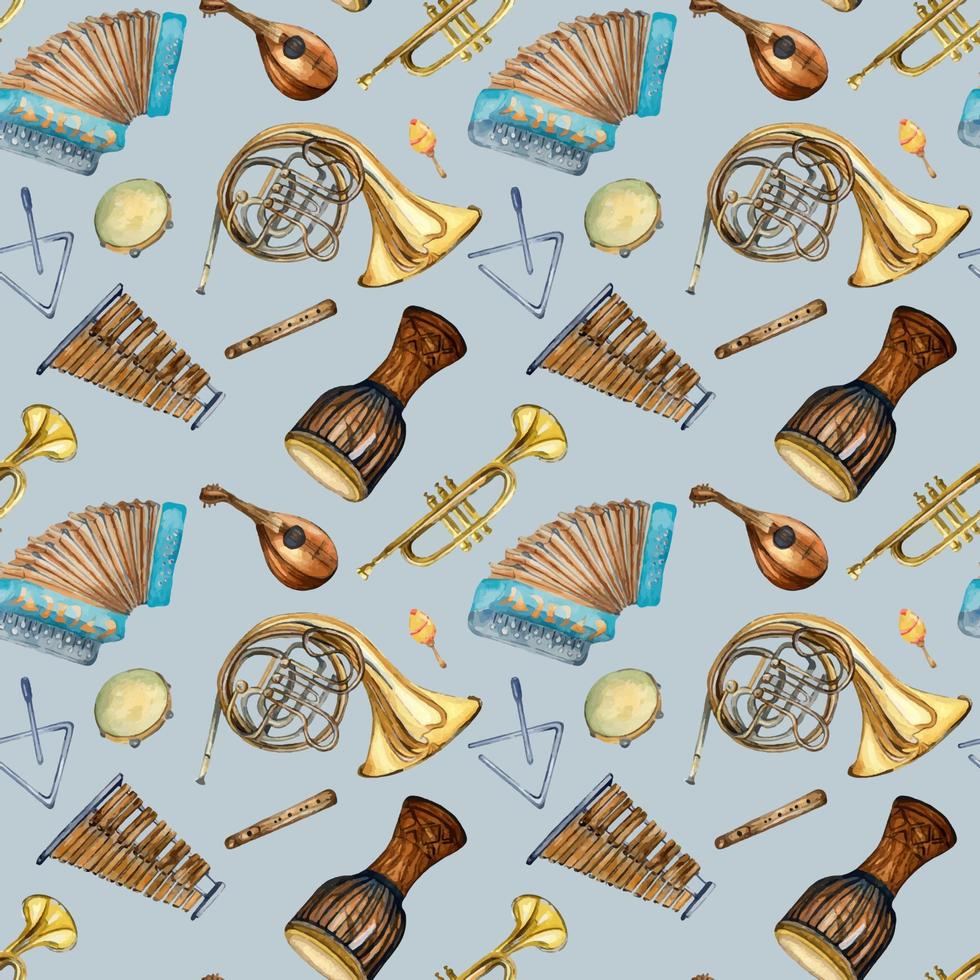 musical instrumenten naadloos patroon waterverf geïsoleerd Aan blauw. vector