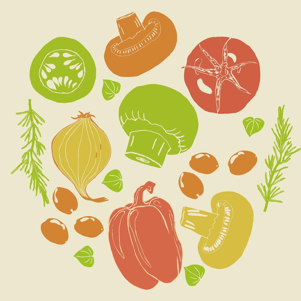 groenten illustratie cirkel vlak leggen hand- getrokken retro kleuren stijl vector