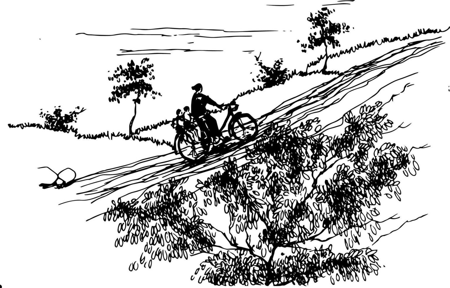 schetsen van een mam met haar kinderen rijden een fiets vector
