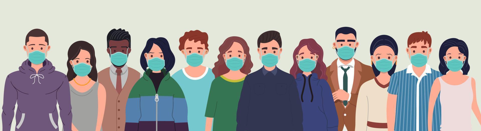 groep van mensen vervelend beschermend medisch maskers voor bescherming van virus. het voorkomen en veiligheid procedures concept. vlak stijl vector illustratie