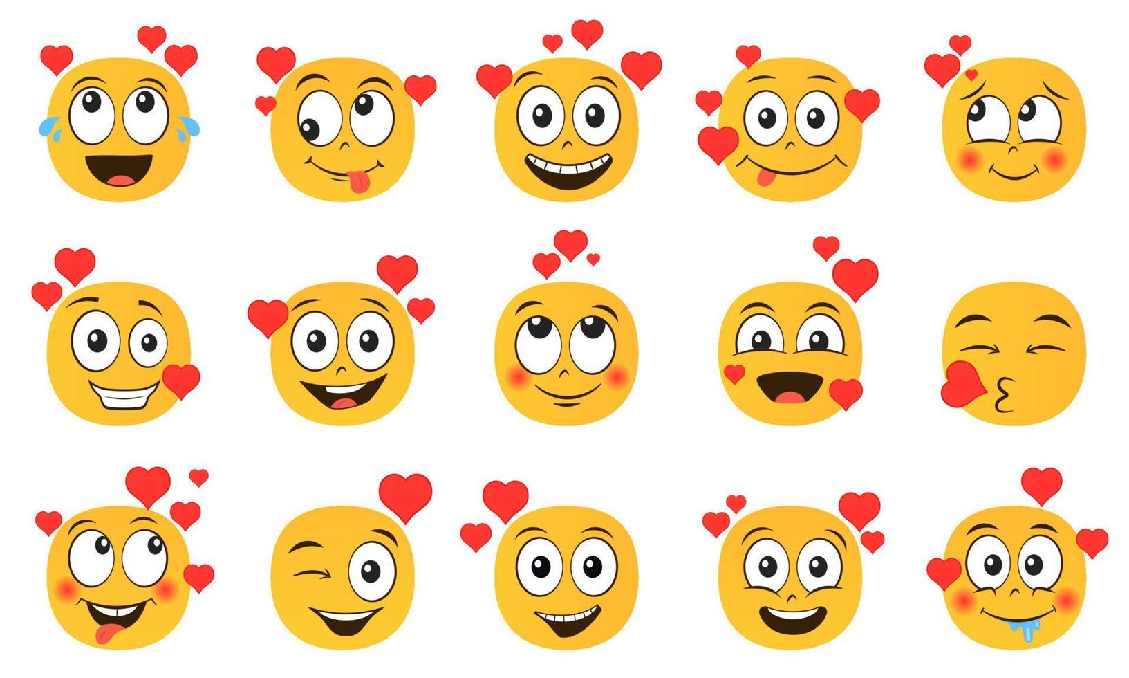 emoticons in liefde set. verzameling van geel tekenfilm emoji met harten geïsoleerd Aan wit achtergrond. vector illustratie
