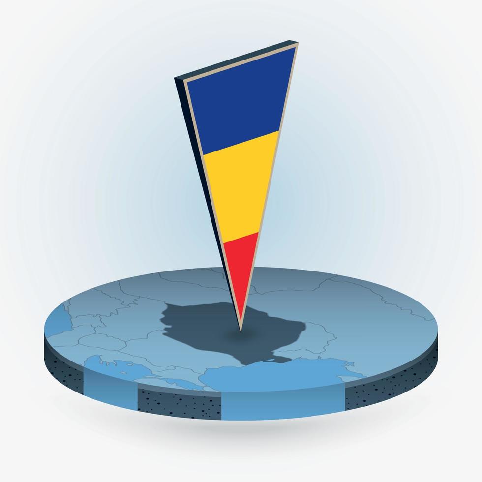 Roemenië kaart in ronde isometrische stijl met driehoekig 3d vlag van Roemenië vector