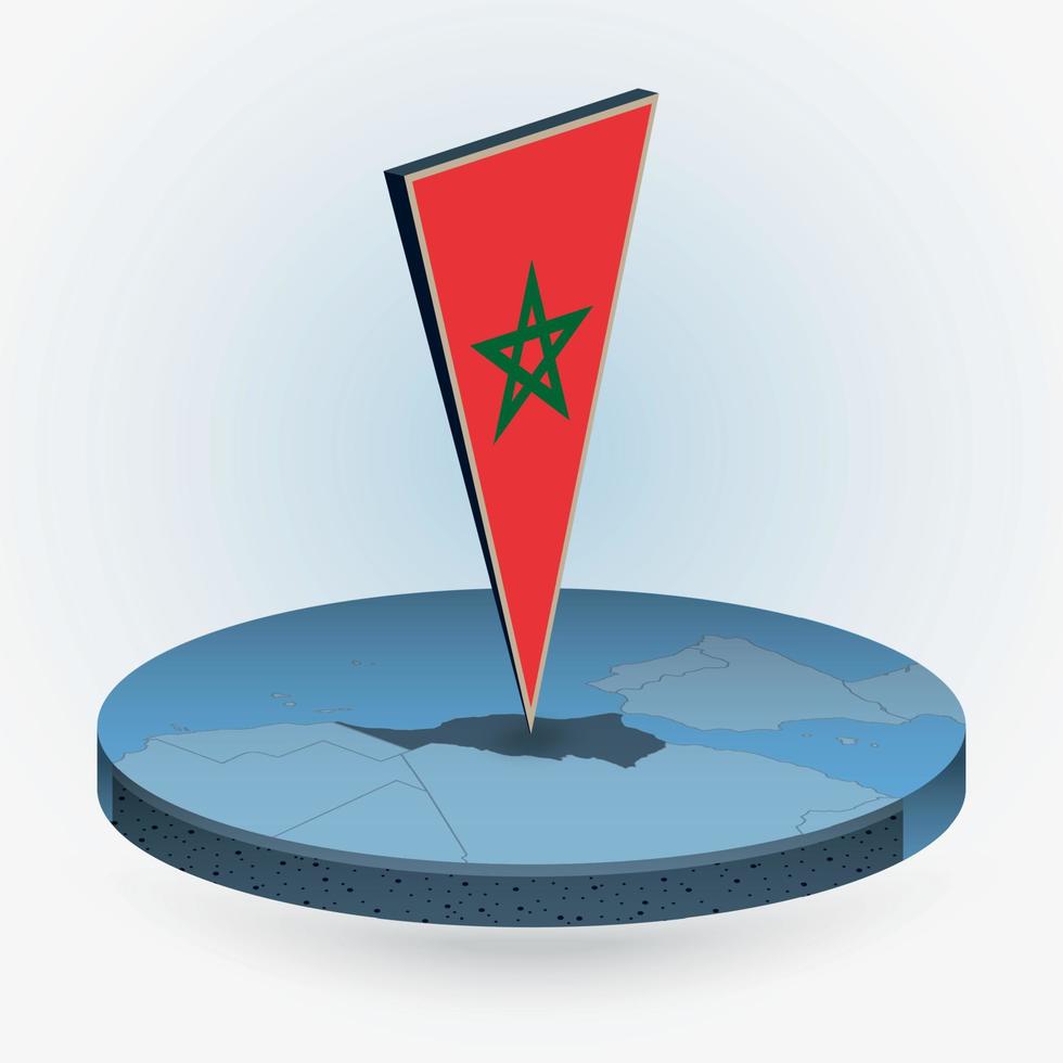 Marokko kaart in ronde isometrische stijl met driehoekig 3d vlag van Marokko vector