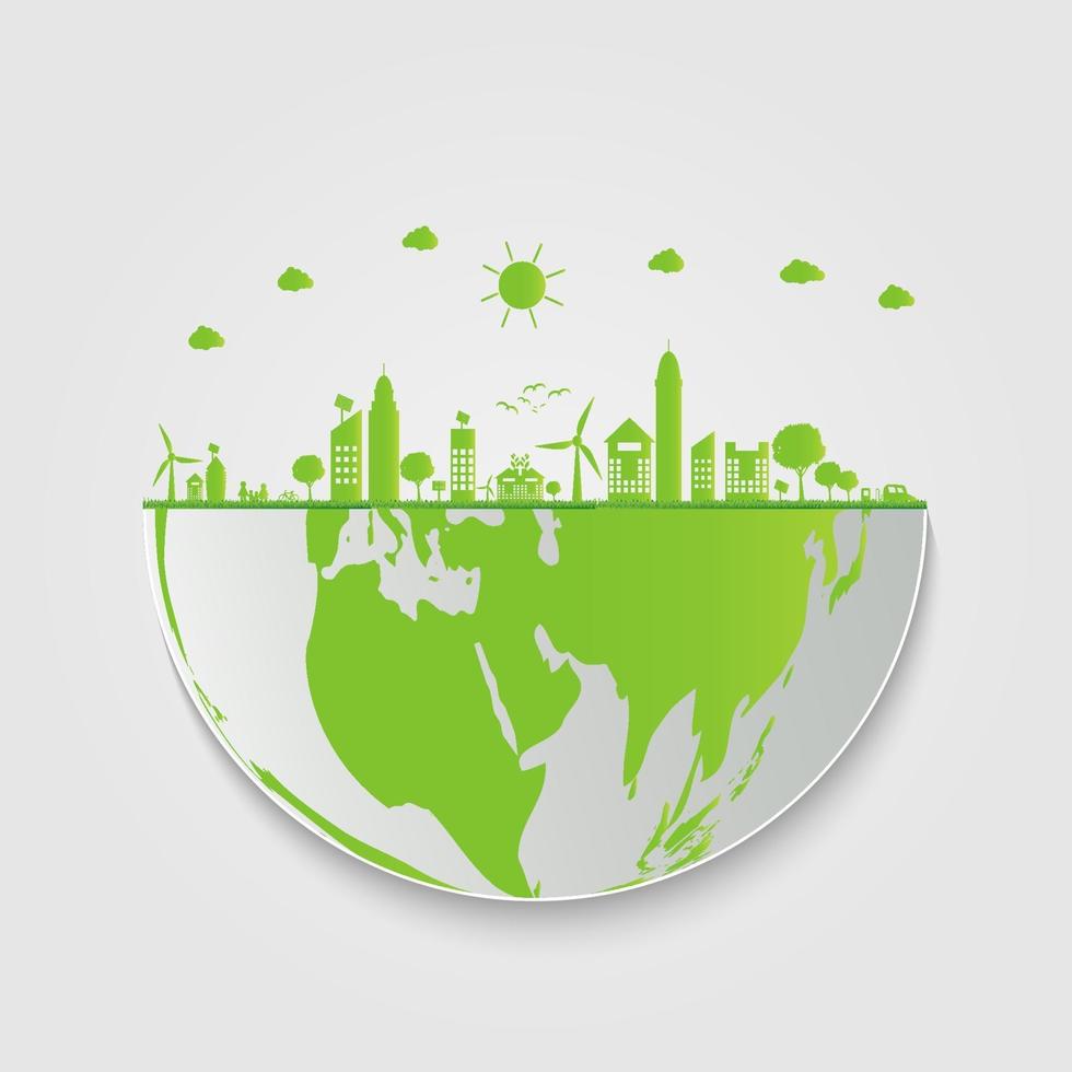 ecologie. groene steden helpen de wereld met milieuvriendelijke conceptideeën. vector illustratie